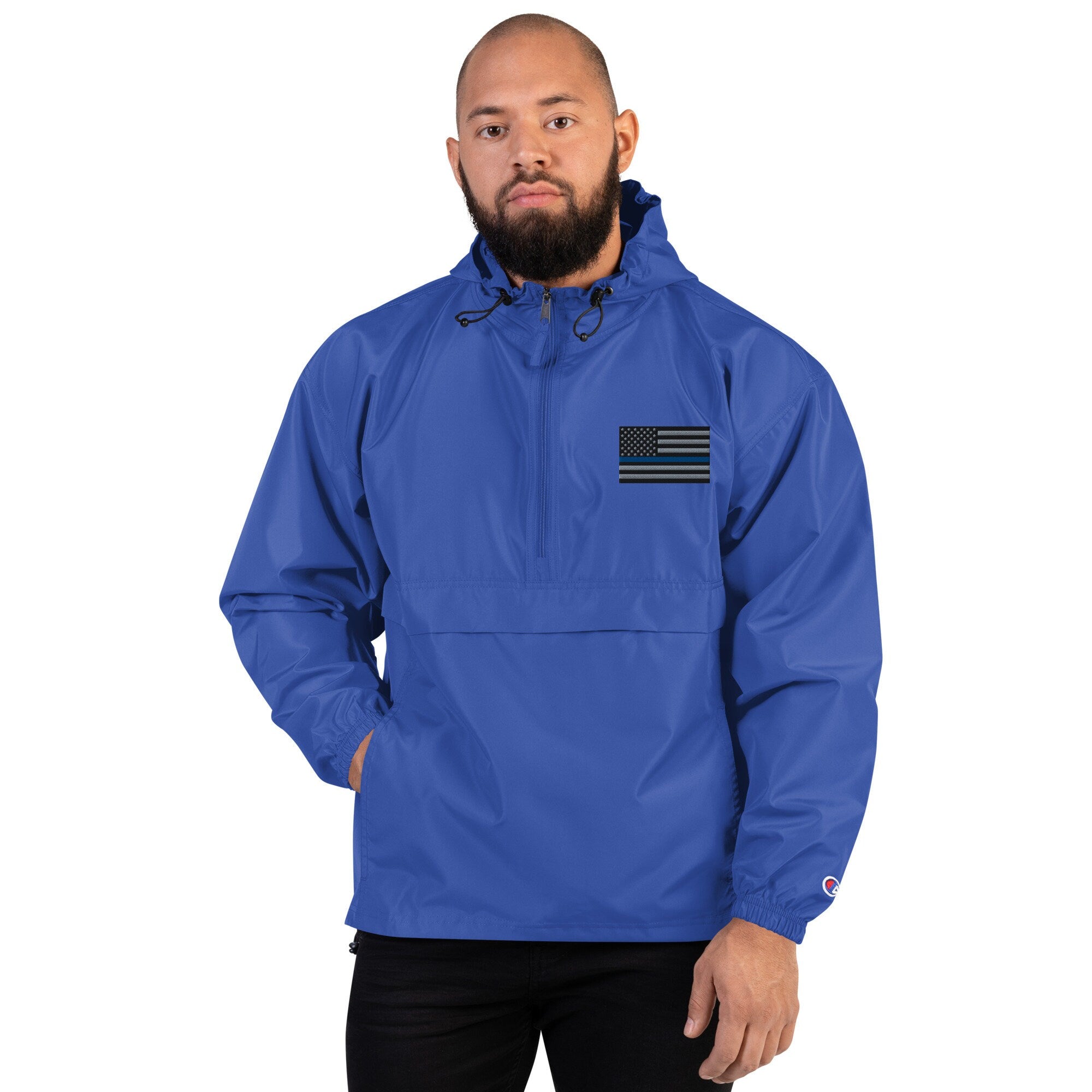 Unisex Embroidered Thin Blue Line Flag Champion Packable Jacket