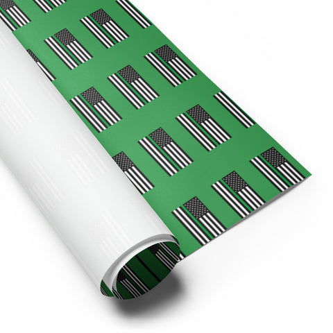 Three Sheets of Premium Green Gift Wrapping Paper with Thin Blue Line Flag Design