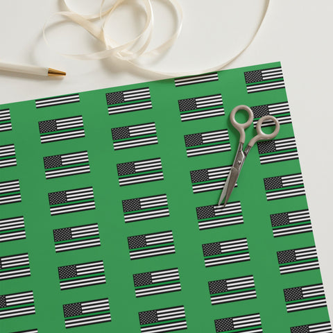 Three Sheets of Premium Green Gift Wrapping Paper with Thin Blue Line Flag Design