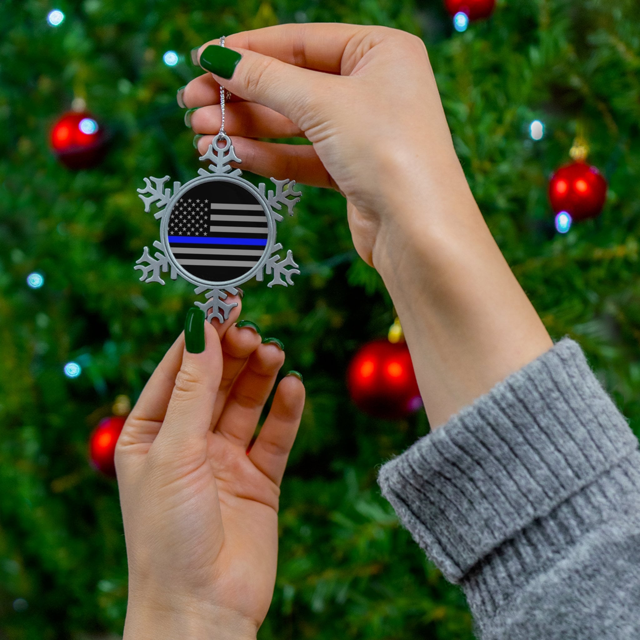 Elevate Your Holiday Decor with Our Thin Blue Line Pewter Snowflake Christmas Ornament