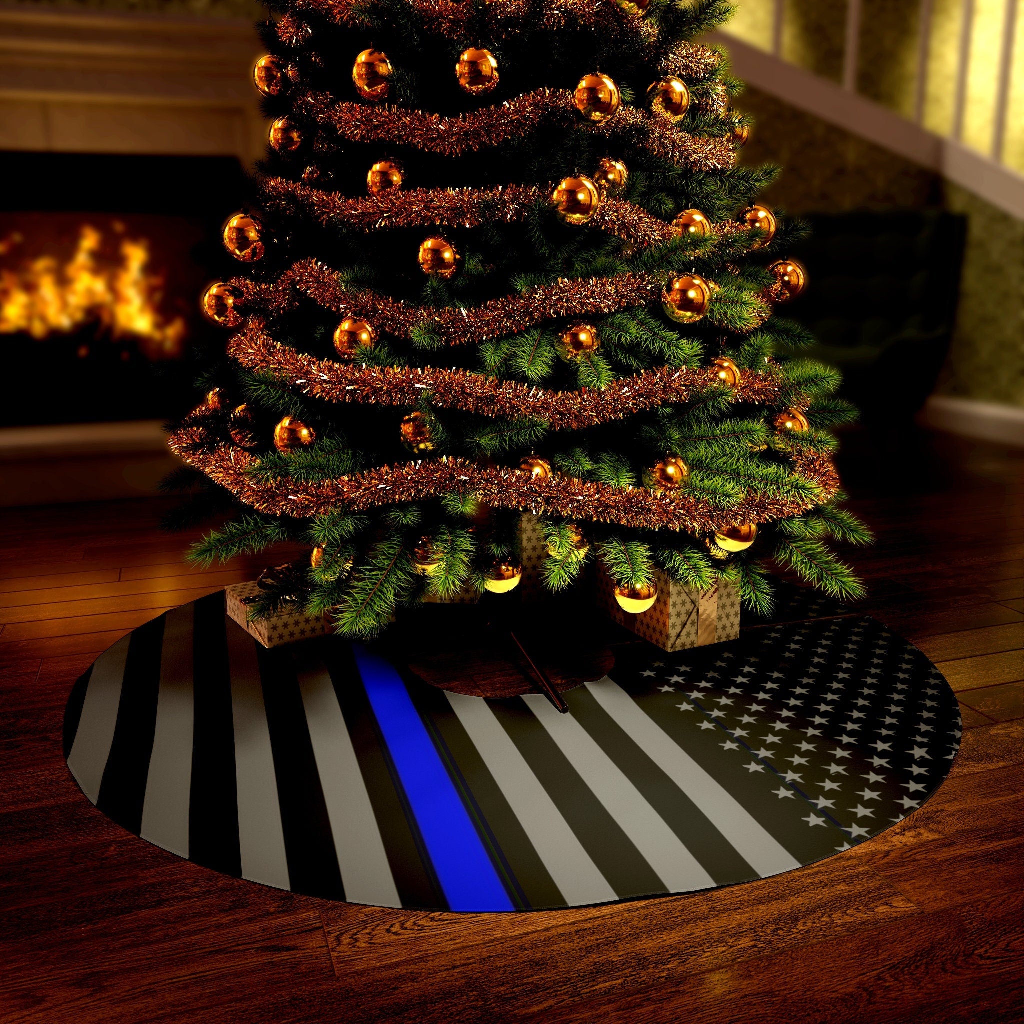 Elevate Your Holiday Decor with the Thin Blue Line Flag Round Tree Skirt - Back The Blue!