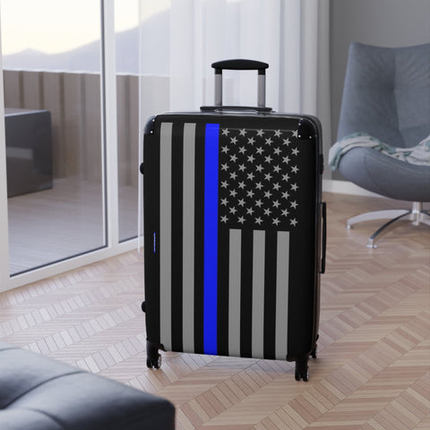 Suitcase with Thin Blue Line Flag Print - Three Sizes Available to Travel While Showing Your Support To Law Enforcement