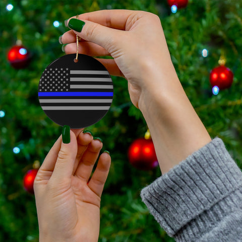 Thin Blue Line Flag on One Ceramic Ornament, 4 Different Shapes Available to "BackTheBlue" on Christmas