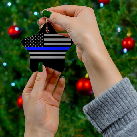 Thin Blue Line Flag on One Ceramic Ornament, 4 Different Shapes Available to "BackTheBlue" on Christmas