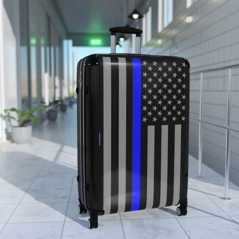 Suitcase with Thin Blue Line Flag Print - Three Sizes Available to Travel While Showing Your Support To Law Enforcement