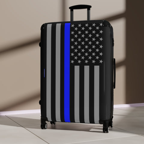 Suitcase with Thin Blue Line Flag Print - Three Sizes Available to Travel While Showing Your Support To Law Enforcement